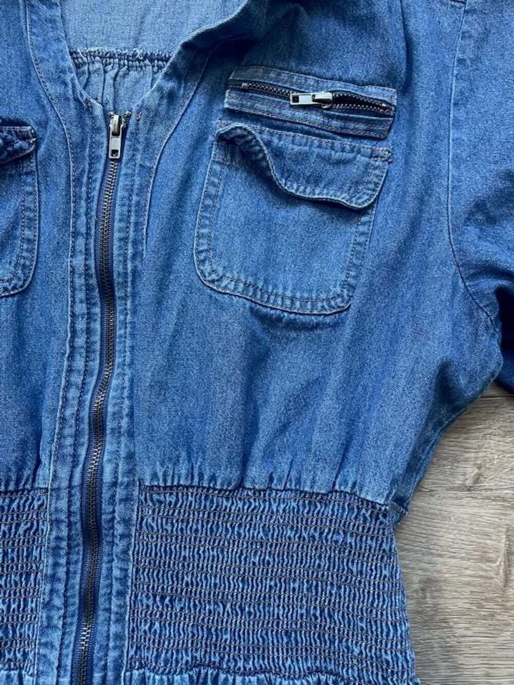 J Gee Denim Midi Dress Medium Zip Front Smocked Waist Roll Tab Chambray Blue - Picture 3 of 11